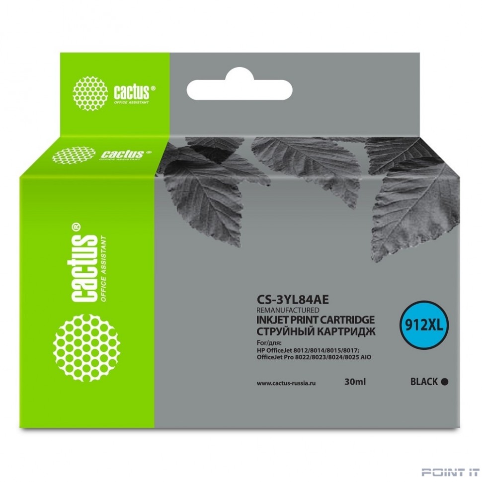 Картридж струйный Cactus 912XL CS-3YL84AE (есть ограничения по прошивке) черный (30мл) для HP OfficeJet 8012/8014/8015/8017;OfficeJet Pro 8022/8023/8024/8025 AIO