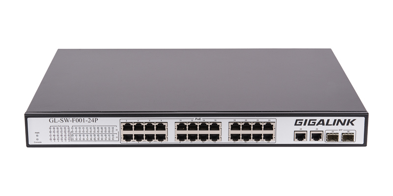 Коммутатор GIGALINK, неуправляемый, 24 PoE (802.3af/at) порта 100Мбит/с, 2 ComboSFP 1000Мбит/с, 400Вт