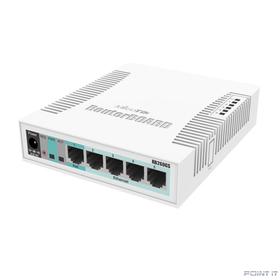 MikroTik RB260GS (CSS106-5G-1S)(r2) Коммутатор RouterBOARD 260GS 5-port Gigabit smart switch with SFP cage, SwOS, plastic case, PSU