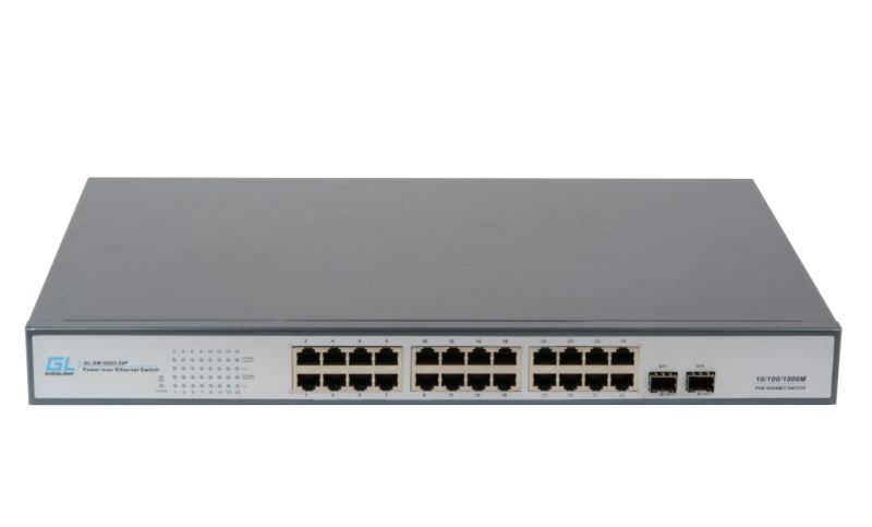 Коммутатор GIGALINK, неуправляемый 24 PoE (802.3af/at) портов 1Гбит/с, 2 SFP, 250Вт