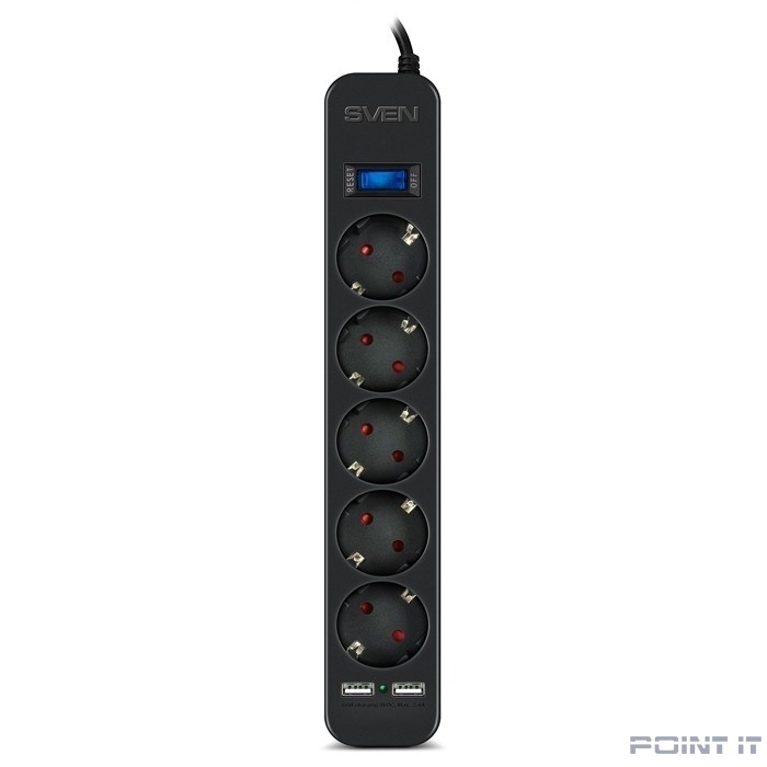 SVEN Фильтр SF-05LU 1,8 м (5 евро розеток,2*USB(2.4А)), черный, цветная коробка [SV-018832]