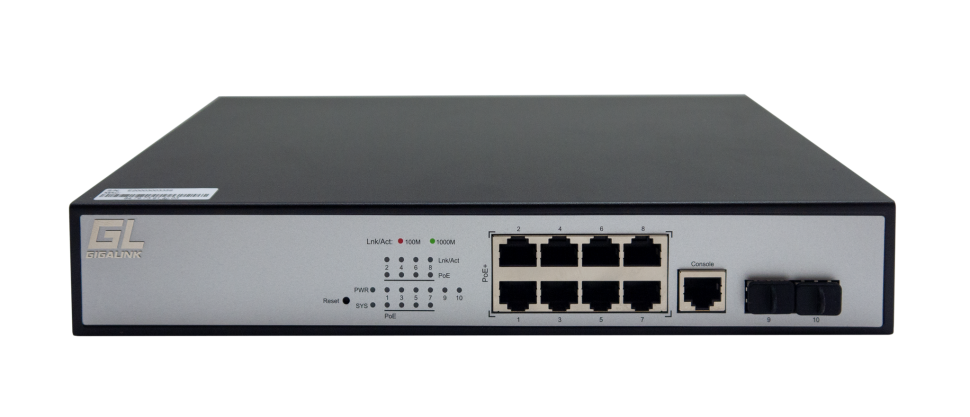 Управляемый L2 PoE коммутатор GIGALINK 8 Base-T 10/100/1000Mb/s портов, 2 Base-X SFP 1000Mb/s. 1U 19'', 220V, суммарная мощность 150W