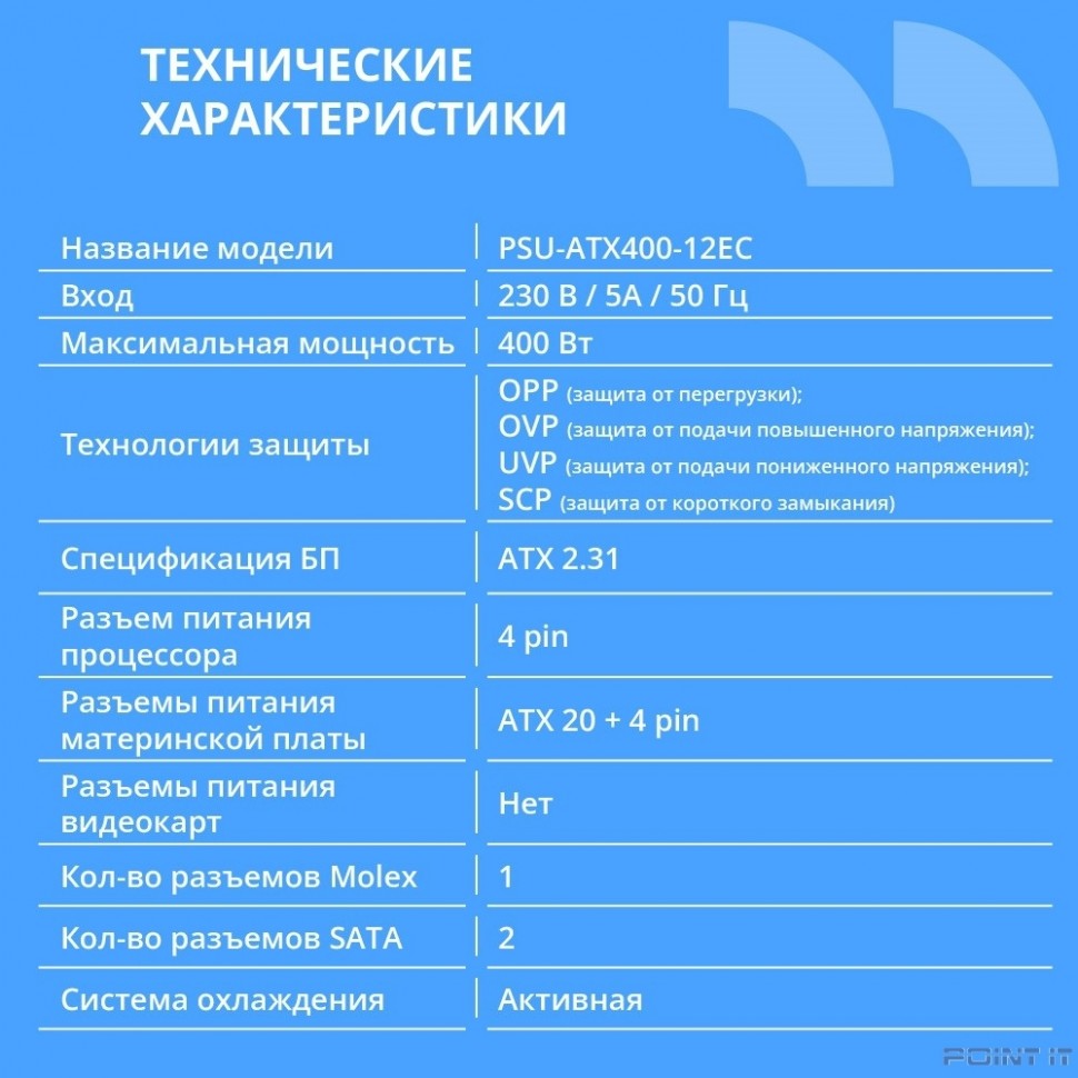 Блок питания CBR ATX 400W, 12см fan, 20+4pin/1*4pin/1*IDE/2*SATA, кабель питания 1.2м, черный [PSU-ATX400-12EC] OEM