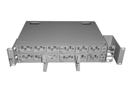 Корпус кросса оптического в стойку 19 48 SC портов Simplex, 2U, выдвижной угловой, гильзы КДЗС, сплайс-кассета, металлический РАСПРОДАЖА