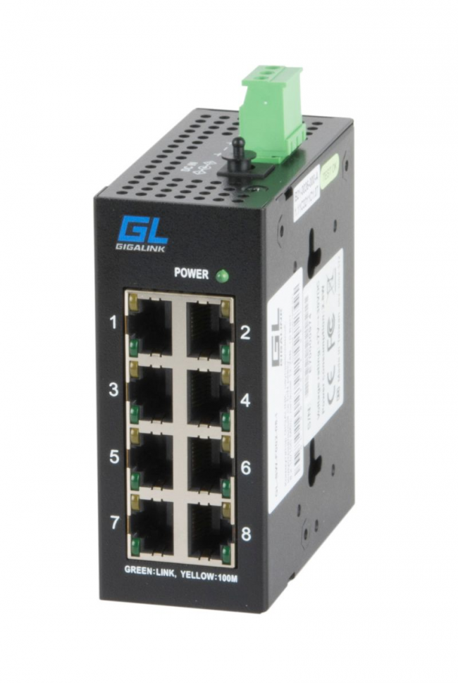 Коммутатор GIGALINK, L2, индустриальный на DIN рейку, 8 x 10/100TX, питание 12-24В (питание поставляется отдельно 20 ватт)