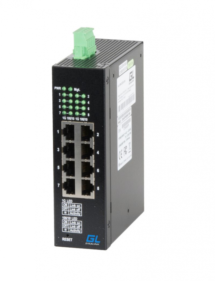 Коммутатор GIGALINK, L2, индустриальный на DIN рейку, 8 x 10/100/1000 BaseT, питание 12-24В (питание поставляется отдельно 20 ватт)
