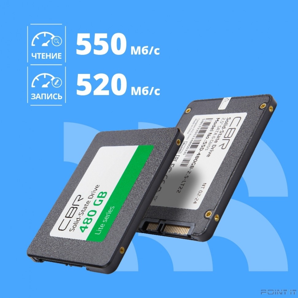 CBR SSD-480GB-2.5-LT22, Внутренний SSD-накопитель, серия "Lite", 480 GB, 2.5", SATA III 6 Gbit/s, SM2259XT, 3D TLC NAND, R/W speed up to 550/520 MB/s, TBW (TB) 240