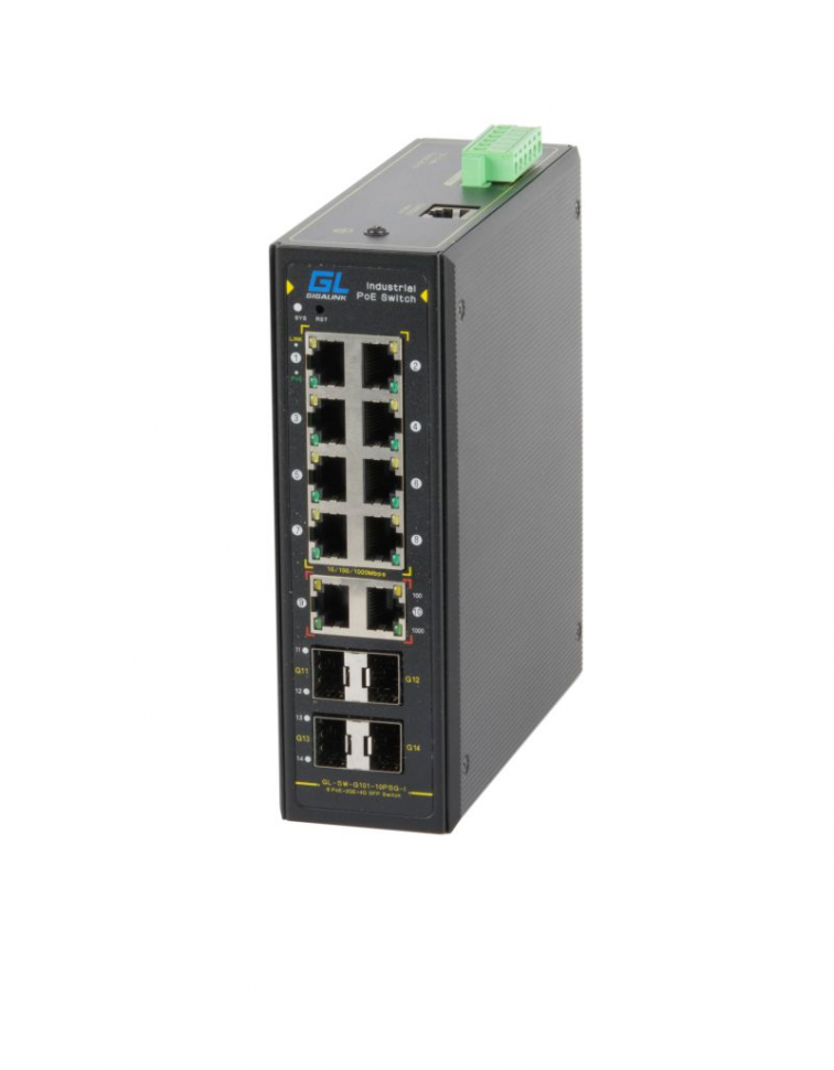 Коммутатор GIGALINK, Web-Smart управляемый, индустриальный на DIN рейку, 8 PoE (802.3af/at) портов 10/100/1000Мбит/с, 2*1000BaseT, 4*SFP, 48В (питание поставляется отдельно 240-480 ватт)