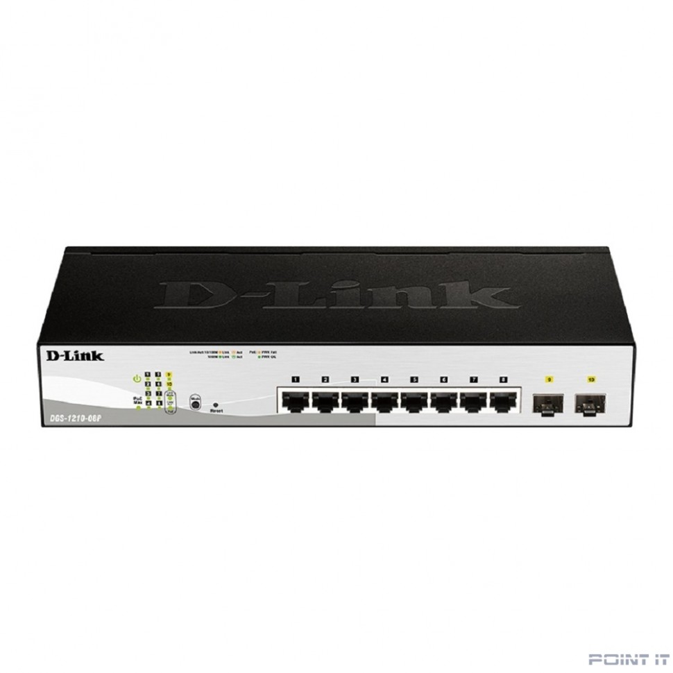 D-Link DGS-1210-08P/G3A Настраиваемый L2 коммутатор с 8 портами 10/100/1000Base-T и 2 портами 1000Base-X SFP (8 портов PoE 802.3af/at, PoE-бюджет 65 Вт)
