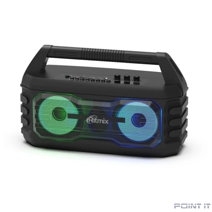 RITMIX SP-610B black {AUX, USB, microSD (MP3, WAV, WMA, APE), RGB-подсветка, эквалайзер, дисплей: LED, возможность, микрофонный вход Jack 6,3 мм, 2000 мАч, microUSB DC 5В 1A, 38*23*16 см, пластик, чер