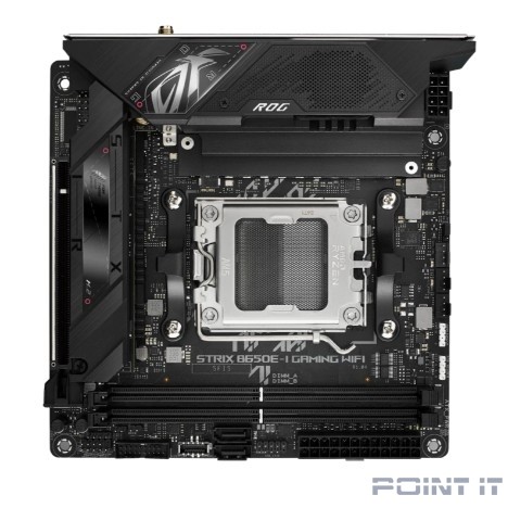 ASUS ROG STRIX B650E-I GAMING WIFI (Socket AM5, mini ITX, 2xDDR5(64GB), HDMI 2.1, 1xPCIe 5.0x16, 1xLAN (2.5GbE), Wi-Fi, BT, 2xSATA 6Gb/s, 2xM.2, 2xUSB-C, 4xUSB 3.2, 2xUSB 2.0)