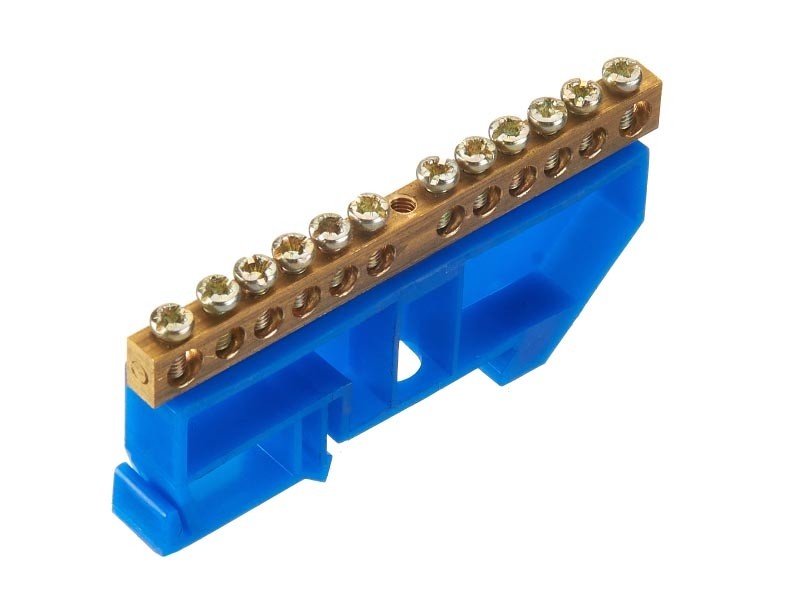 Шина N ноль на изоляторе DIN, синий, 6х9мм, 12 групп, латунь