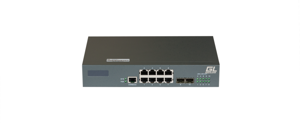 Управляемый коммутатор L2 GIGALINK 8 Base-T 10/100/1000Mb/s портов, 2 SFP 1000Mb/s, 1 Console. 1U 19'', 220V