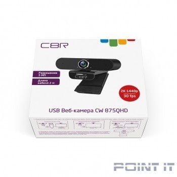 CBR CW 875QHD Black, Веб-камера с матрицей 5 МП, разрешение видео 2560х1440, USB 2.0, встроенный микрофон с шумоподавлением, автофокус, крепление на мониторе, длина кабеля 2 м, цвет чёрный