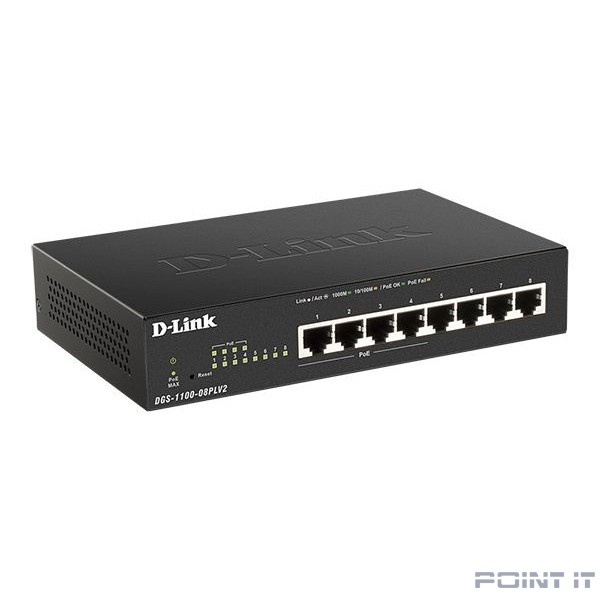 D-Link DGS-1100-08PLV2/A1A Настраиваемый L2 коммутатор с 8 портами 10/100/1000Base-T (4 порта PoE 802.3af/at, PoE-бюджет 80 Вт)